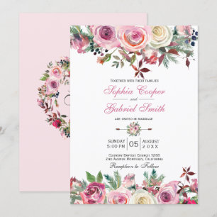Invitation Hiver Rose Mauve Rose Floral Pine Branche Mariage