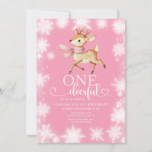 Invitation Hiver rose Onedeerful Anniversaire Flocons de neig