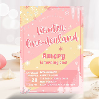Invitation Hiver Rose Onederland Paillettes Argentées 1er Ann