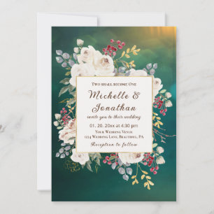 Invitation Hiver Roses blanches sur Mariage chrétien vert