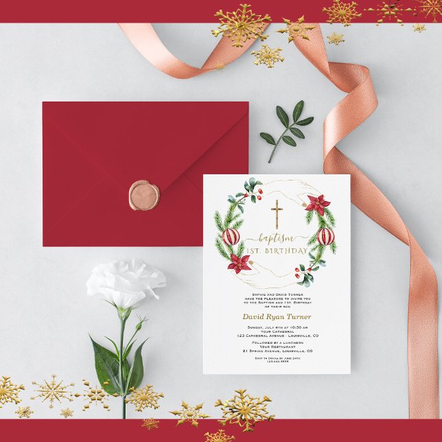 Invitation Hiver Rouge Floral Vert Or Première Communion Sain (christmas baptism 1st birthday invitation, winter holidays baptism invitation)