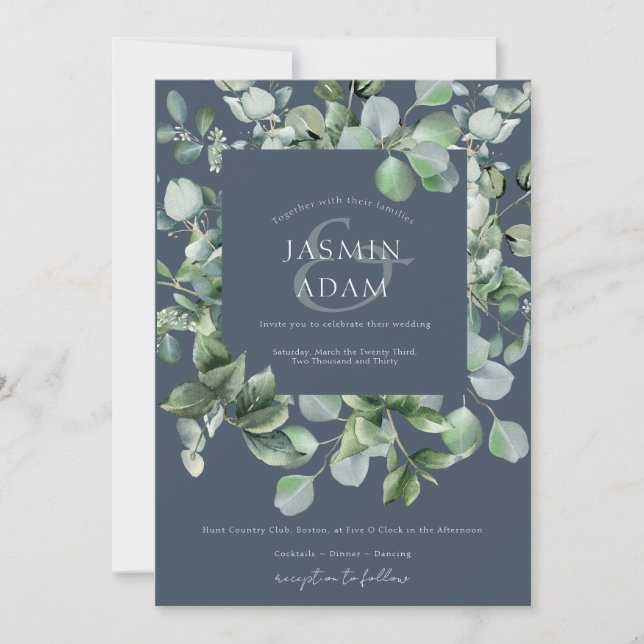Invitation Hiver Royal Blue Eucalyptus Mariage photo (Devant)
