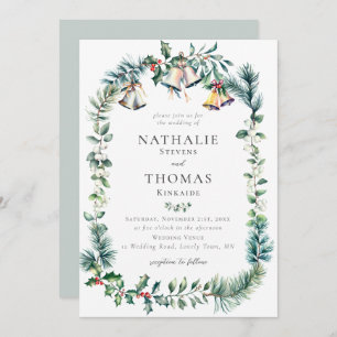 Invitation Hiver Rustic Botanique Wreath Bells Pine Mariage