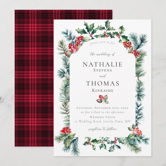 Invitation Hiver Rustique Botanique Berry Pine Plaid Mariage (Devant / Derrière)
