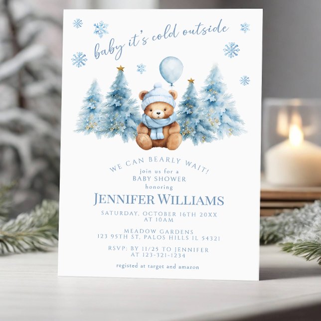 Invitation Hiver Teddy Bear Pine Trees Baby Boy Douche (Créateur téléchargé)