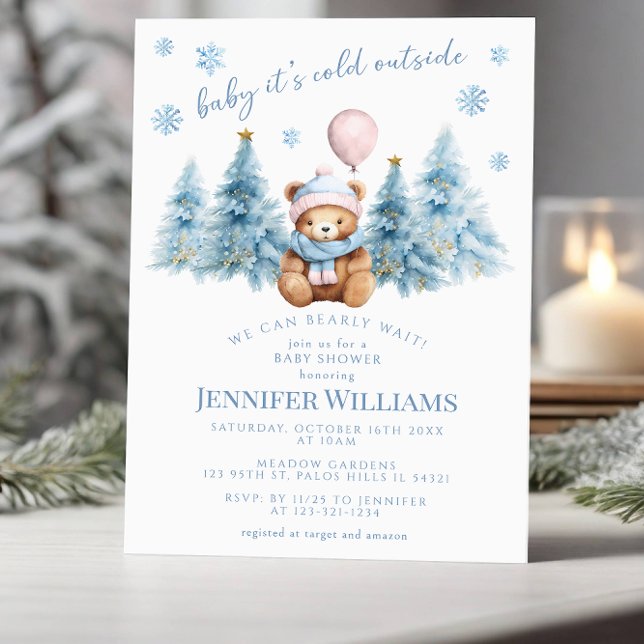 Invitation Hiver Teddy Ours Pine Arbres bébé Fille Douche (Créateur téléchargé)