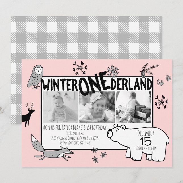 Invitation Hiver Un derland 1er anniversaire Tri Photo Woodla (Devant / Derrière)