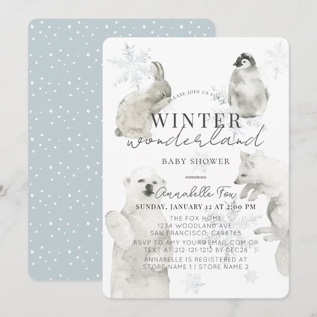 Invitation Hiver Wonderland Arctic Animals Baby shower garçon (Devant / Derrière)