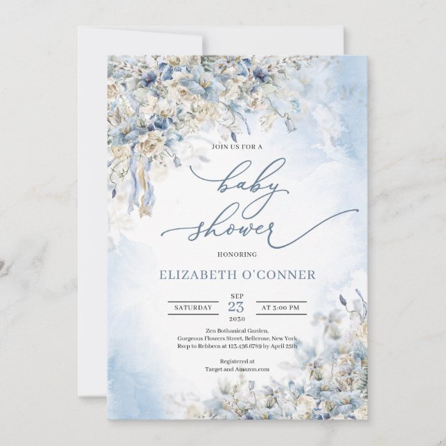 Invitation Hivernal bleu floral blanc roses eucalyptus (Devant)