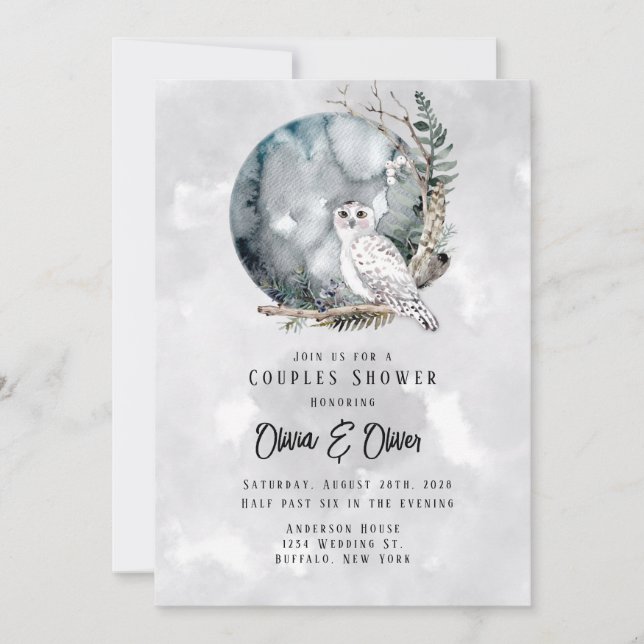 Invitation Hivernal Chouette neige Lune Aquarelle Couples Dou (Devant)