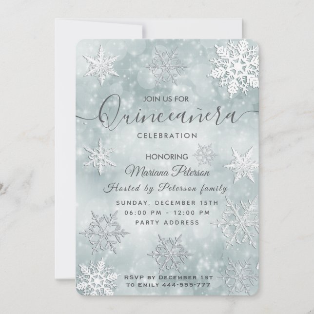 Invitation Hivernal merland bleu poussiéreux bokeh Quinceañer (Devant)