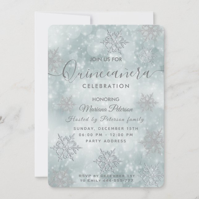 Invitation Hivernal merland bleu poussiéreux bokeh Quinceañer (Devant)