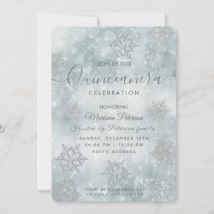 Invitation Hivernal merland bleu poussiéreux bokeh Quinceañer