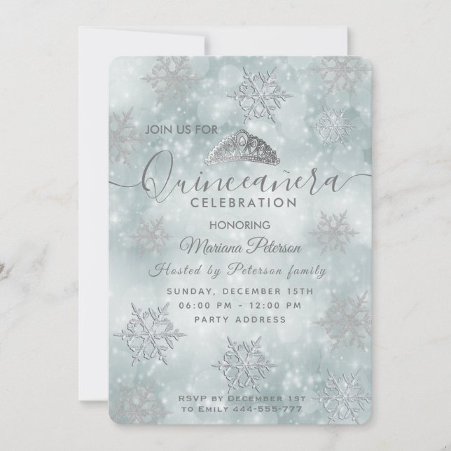 Invitation Hivernal merveilleux bleu poussiéreux tiara Quince (Devant)