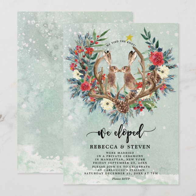 Invitation hivernal noël lièvres floraux nous avons elopé (Devant / Derrière)