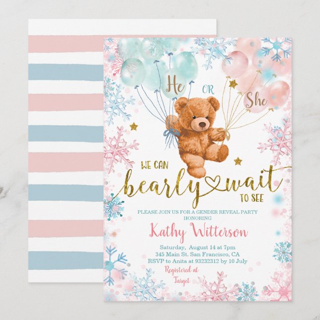 Invitation Hivernal Ours Sexe Révéler Baby shower bleu rose (Devant / Derrière)