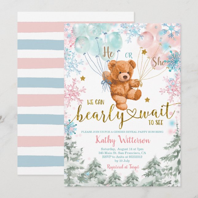 Invitation Hivernal Ours Sexe Révéler Baby shower Rose Bleu D (Devant / Derrière)