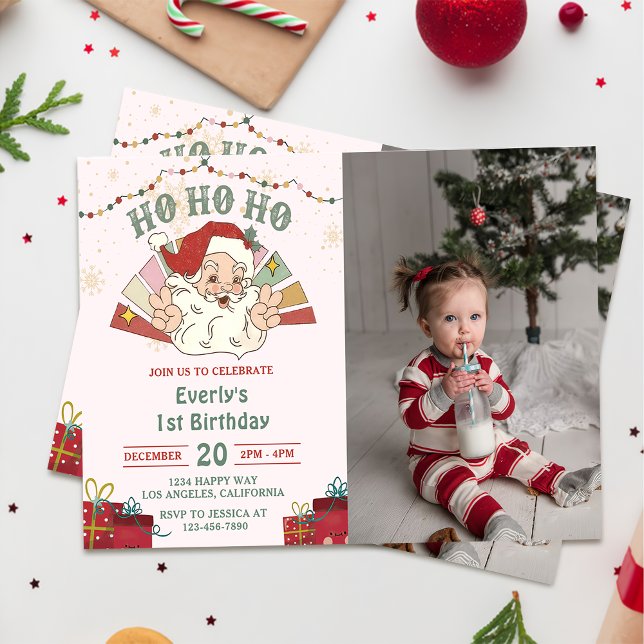 Invitation Ho Ho Ho Christmas Père Noël 1er anniversaire de f (Créateur téléchargé)