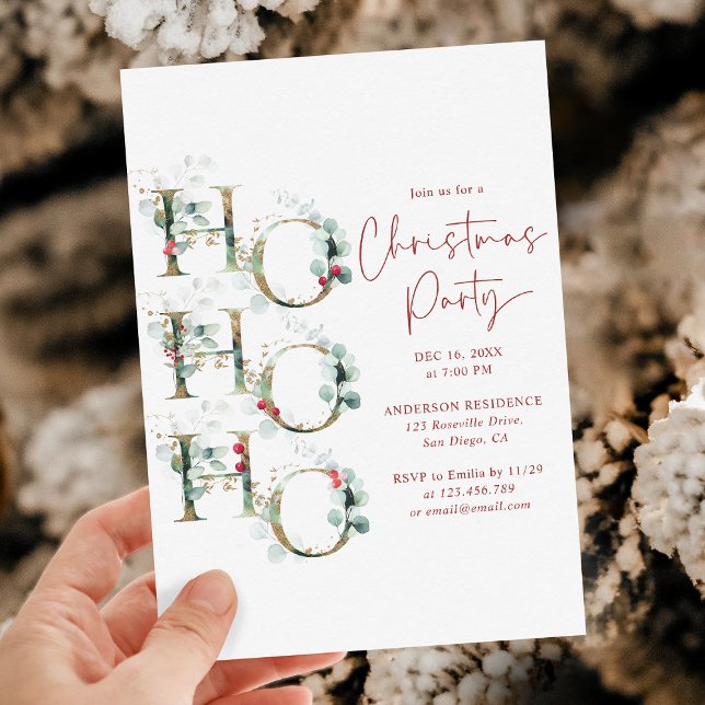 Invitation Ho Ho Ho Élégante Soirée de Noël Rouge Vert Or (Créateur téléchargé)