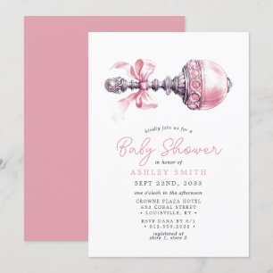 Invitation Hochet Rose Élégant pour Bébé Fille Baby Shower