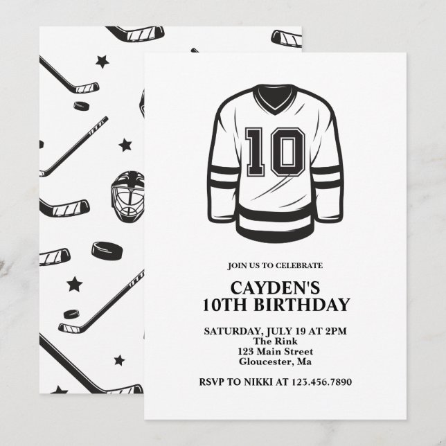 Invitation Hockey noir et blanc 10e anniversaire (Devant / Derrière)
