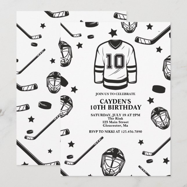 Invitation Hockey noir et blanc 10e anniversaire (Devant / Derrière)