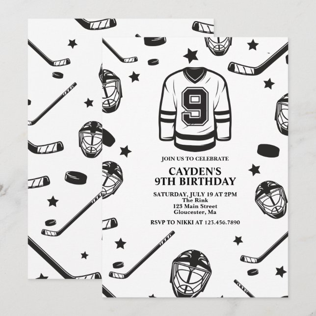 Invitation Hockey noir et blanc 9e anniversaire (Devant / Derrière)