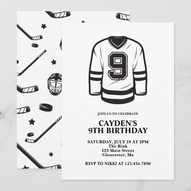 Invitation Hockey noir et blanc 9e anniversaire (Devant / Derrière)