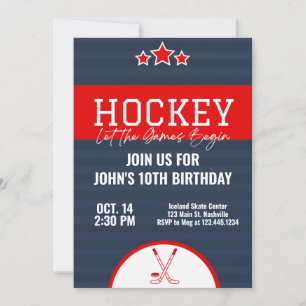Invitation Hockey sur glace Anniversaire Bleu Rouge rayure