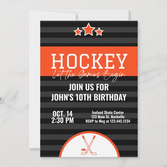 Invitation Hockey sur glace Anniversaire Orange Black Stripe (Devant)