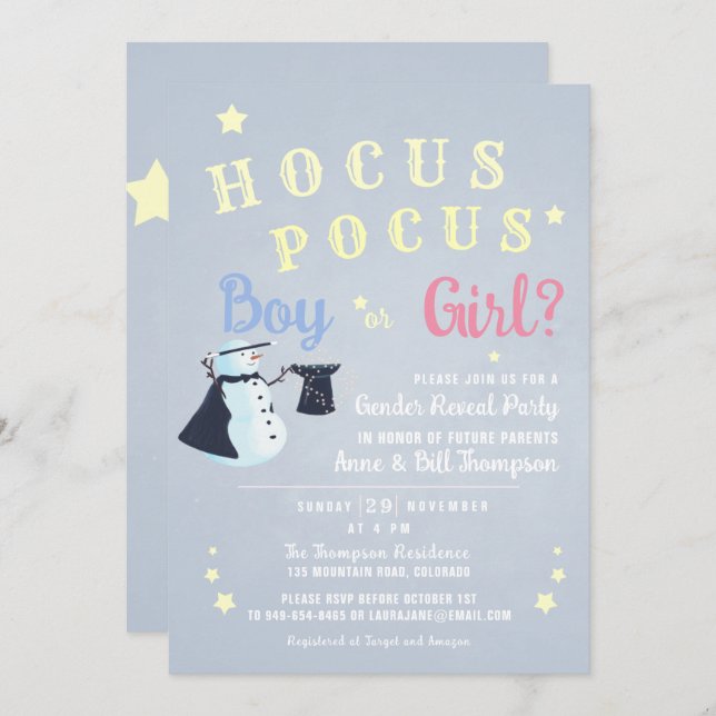 Invitation Hocus Pocus Magic Snowman hiver Révélation de genr (Devant / Derrière)