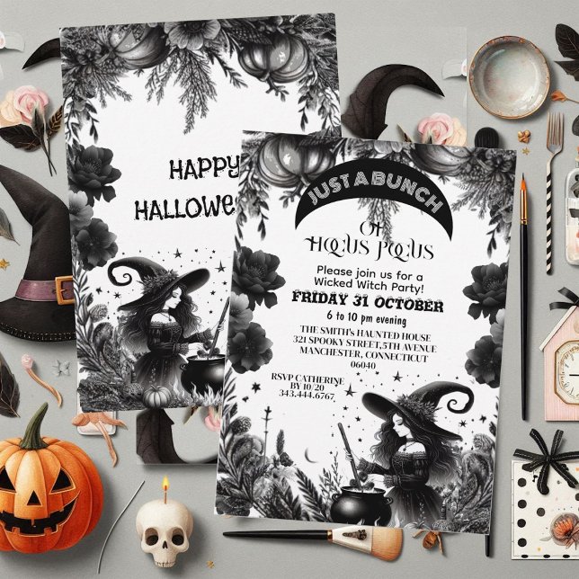 Invitation Hocus Pocus Wicked Witch Party gothique Script noi (Hocus Pocus Wicked Witch Party Gothic Script Black Invitation)