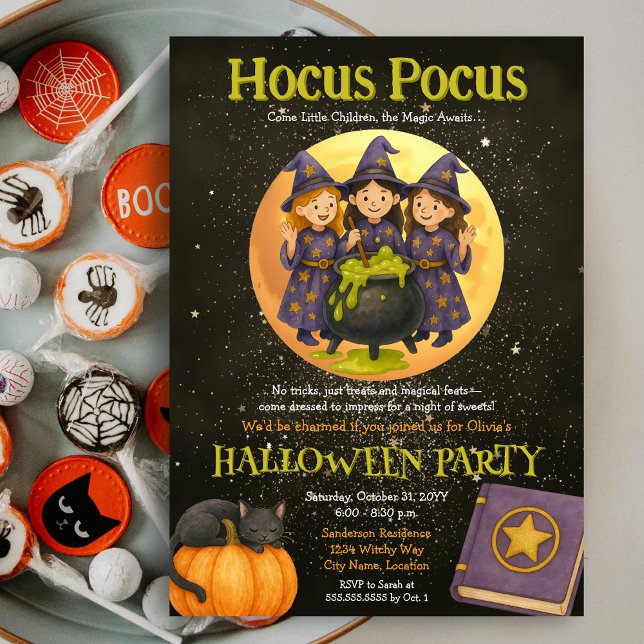 Invitation Hocus Pocus WitchKids Halloween Party (Hocus Pocus three young witches Halloween Party invite)