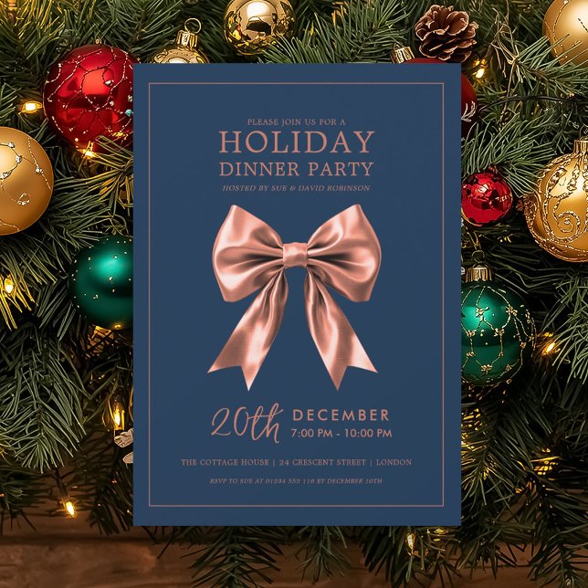 Invitation Holiday Dinner Party Rose Gold Satin Bow Navy Blue (Holiday Dinner Party Rose Gold Satin Bow Navy Blue Invitation)