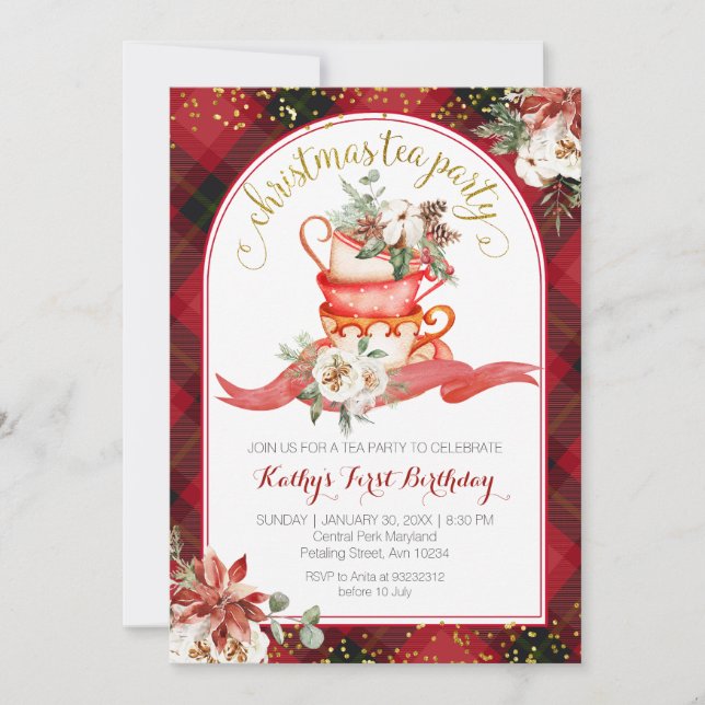 Invitation Holiday Floral Red Plaid Winter Birthday Tea (Devant)