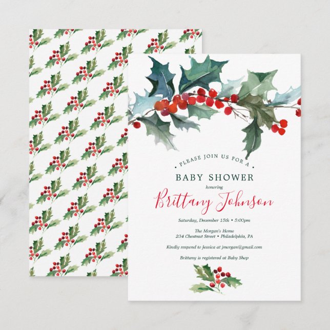 Invitation Holiday Holly Baby shower (Devant / Derrière)
