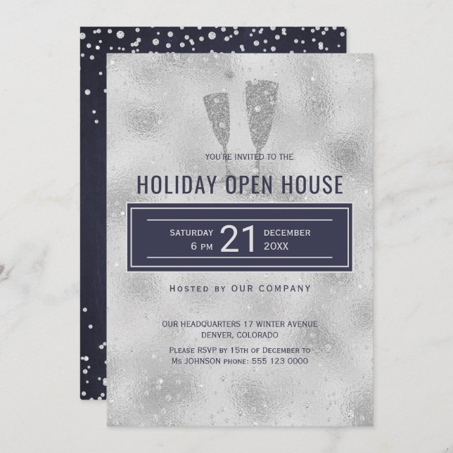 Invitation Holiday Open House Elegant Silver Navy Entreprise (Devant / Derrière)