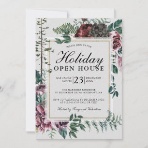 Invitation Holiday Open House Rustic Red Floral