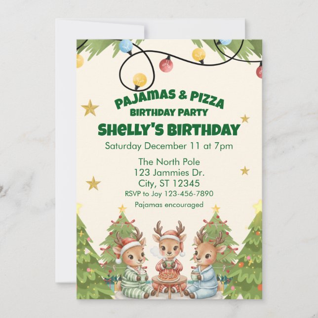 Invitation Holiday Pajama Pizza Birthday Party, reindeer (Devant)