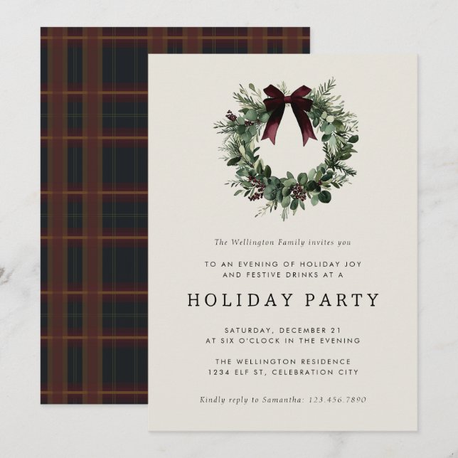Invitation Holiday Party Festive Christmas Wreath Ribbon (Devant / Derrière)