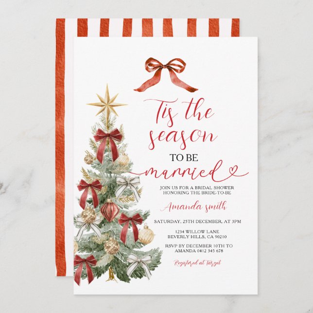 Invitation Holiday Red Bow Christmas Tree Couple Wedding (Devant / Derrière)