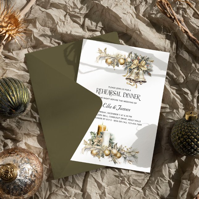 Invitation Holly Bells Golden Winter Wedding Rehearsal Dîner (Wedding Rehearsal Dinner Invitation from the Holly Bells Wedding Collection by Darling & May)