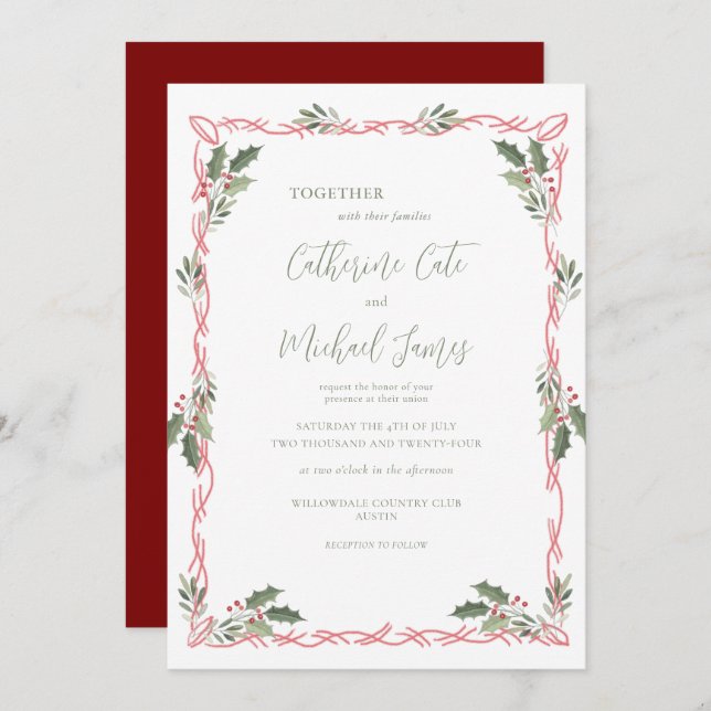 Invitation Holly Berries Christmas Theme Wedding (Devant / Derrière)