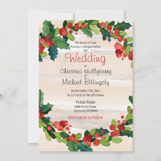 Invitation Holly Berries et Greens / Mariage de Noël (Devant)