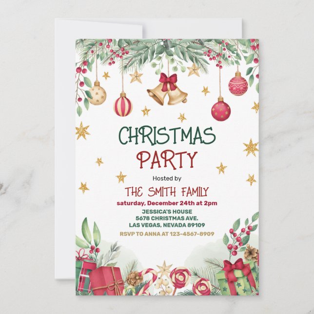 Invitation Holly Berries Gold Baubles Stars Christmas Party (Devant)