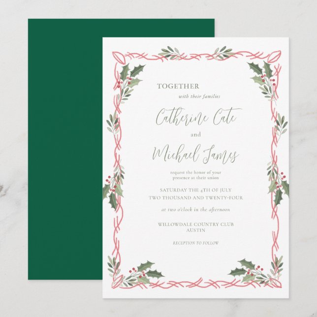 Invitation Holly Berries Green Christmas Theme Wedding (Devant / Derrière)