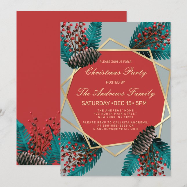 Invitation Holly Berries Pine Cone Bouquet Gold Geo Noël (Devant / Derrière)