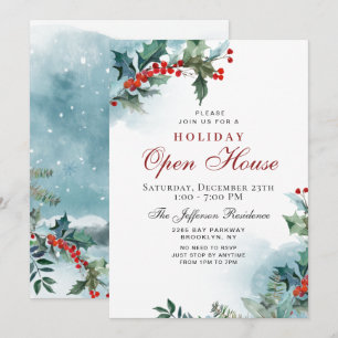 Invitation Holly Berry Christmas Mistletoe Holiday OPEN HOUSE
