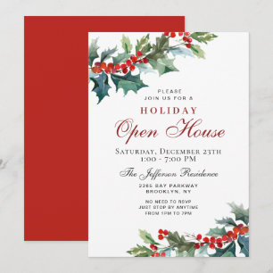 Invitation Holly Berry Christmas Mistletoe Holiday OPEN HOUSE
