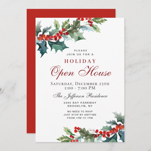 Invitation Holly Berry Christmas Mistletoe Holiday OPEN HOUSE (Devant / Derrière)